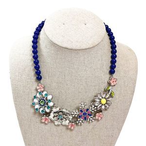 Lia Sophia 3D Flower Rhinestone Statement Bib Necklace w Blue Beads Silvertone